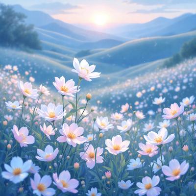 The primary subject of the image is a field of flowers, with a focus on the white flowers. The setting is a beautiful mountainous landscape, with a sunset in the background. The visual style is a combination of photo and digital art, creating a vibrant and lively atmosphere. The dominant colors are white and blue, with the white flowers standing out against the blue sky and mountains.